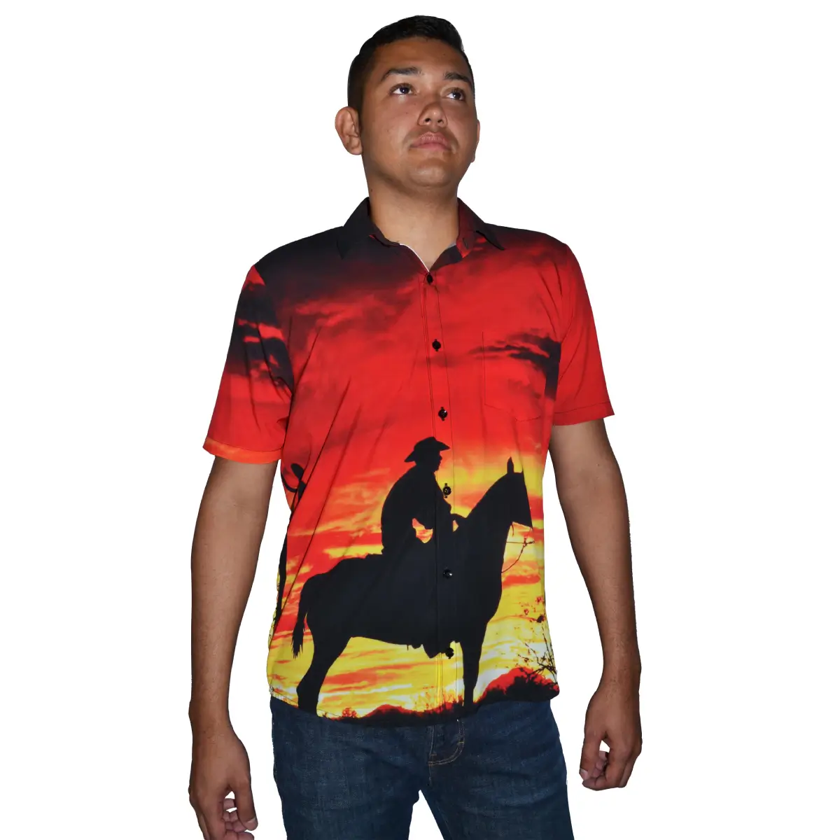 Camisa estampada para hombre con diseño de jinete y paisaje al atardecer