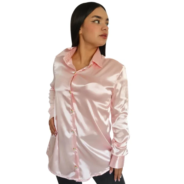 Camisa en satín corte amplio para mujer,color rosado. - Imagen 3