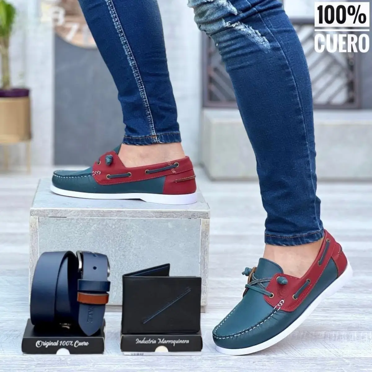 set de zapatos mocasin, billetera y correa en cuero genuino para hombre