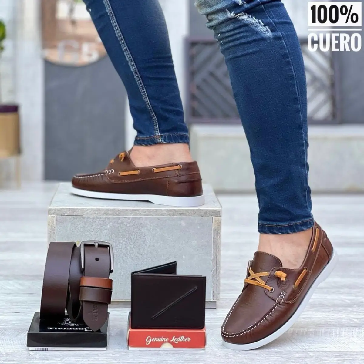 set de zapatos mocasin, billetera y correa en cuero genuino para hombre