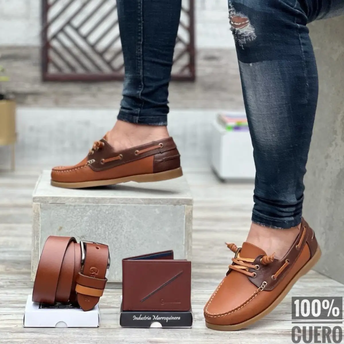 set de zapatos mocasin, billetera y correa en cuero genuino para hombre