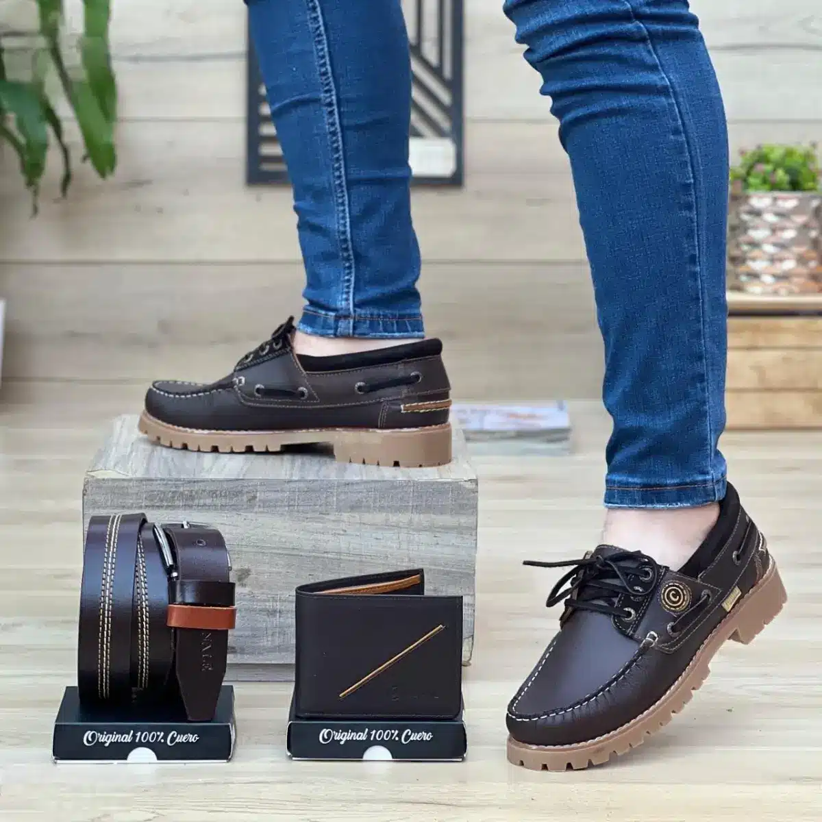 Set de zapato, billetera y correa en cuero genuino para hombre color cafe
