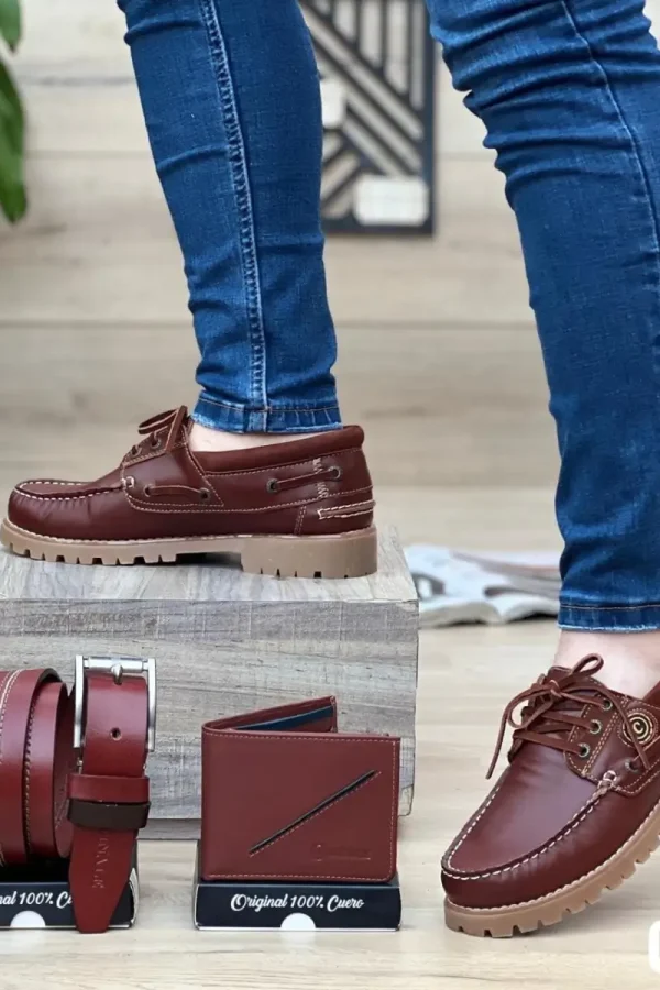 Set de zapato, billetera y correa en cuero genuino para hombre color miel