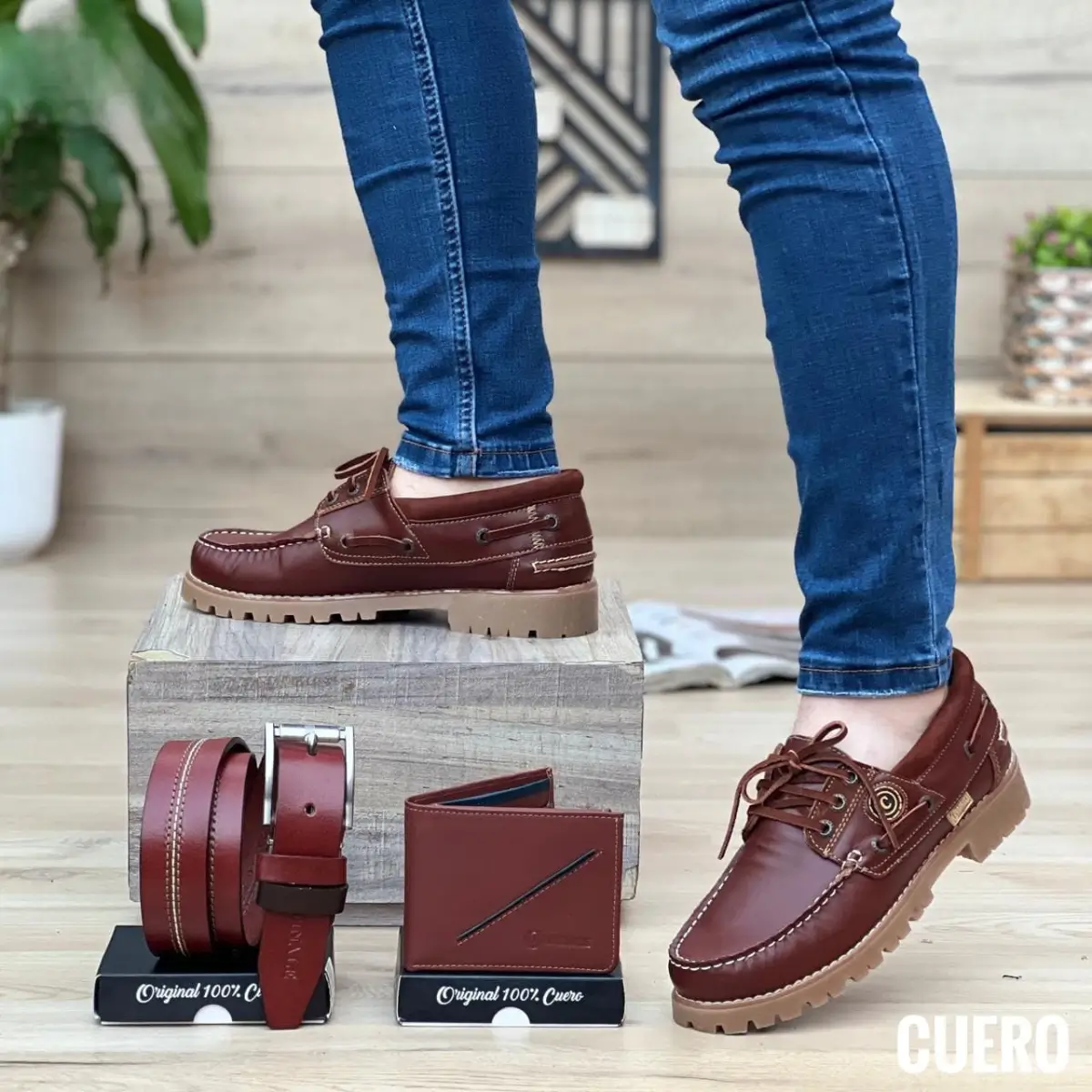 Set de zapato, billetera y correa en cuero genuino para hombre color miel