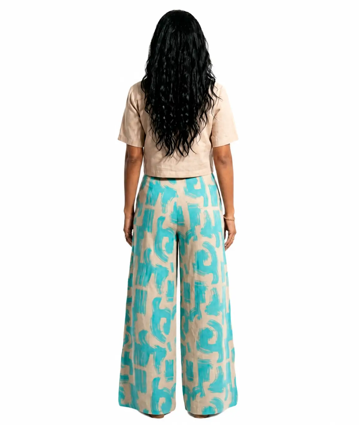 pantalón palazzo en seda mango estampado artístico para mujer hecho en Colombia tiro alto pierna ancha