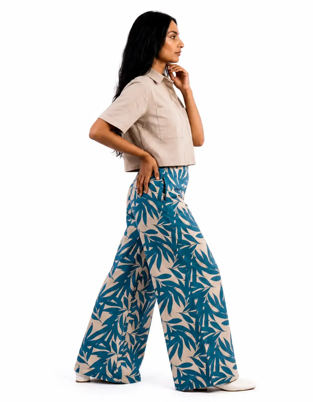 pantalón palazzo en seda mango estampado artístico para mujer hecho en Colombia tiro alto pierna ancha