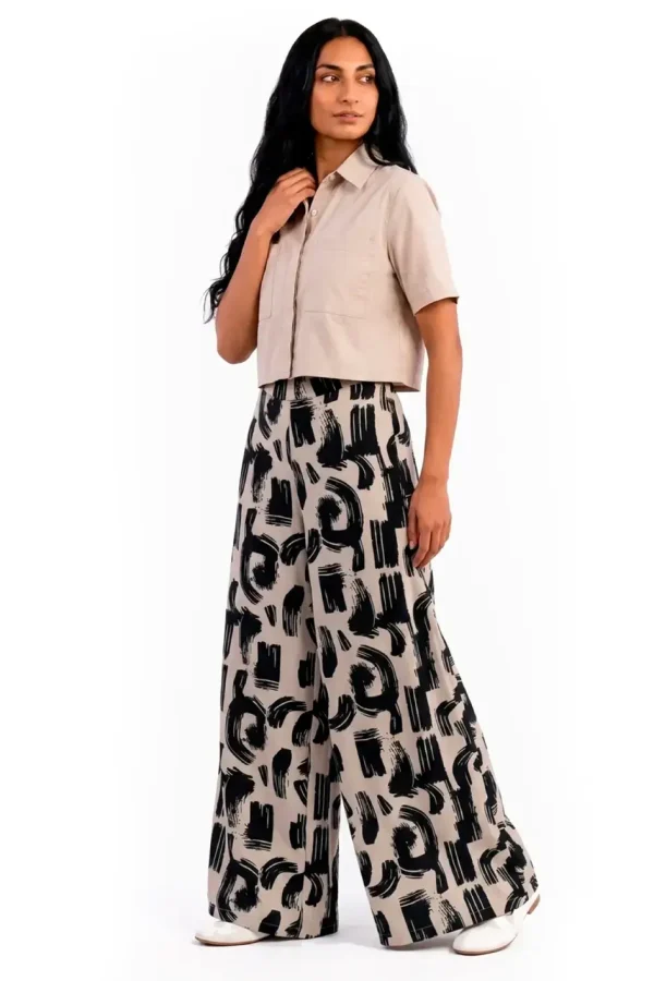 pantalón palazzo en seda mango estampado artístico para mujer hecho en Colombia tiro alto pierna ancha