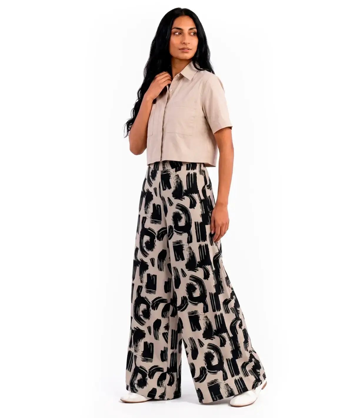 pantalón palazzo en seda mango estampado artístico para mujer hecho en Colombia tiro alto pierna ancha