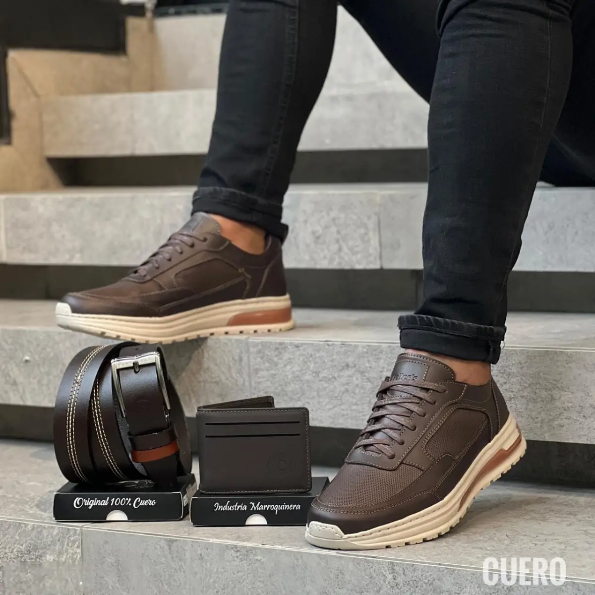 Set ejecutivo masculino en cuero con calzado deportivo, billetera y correa