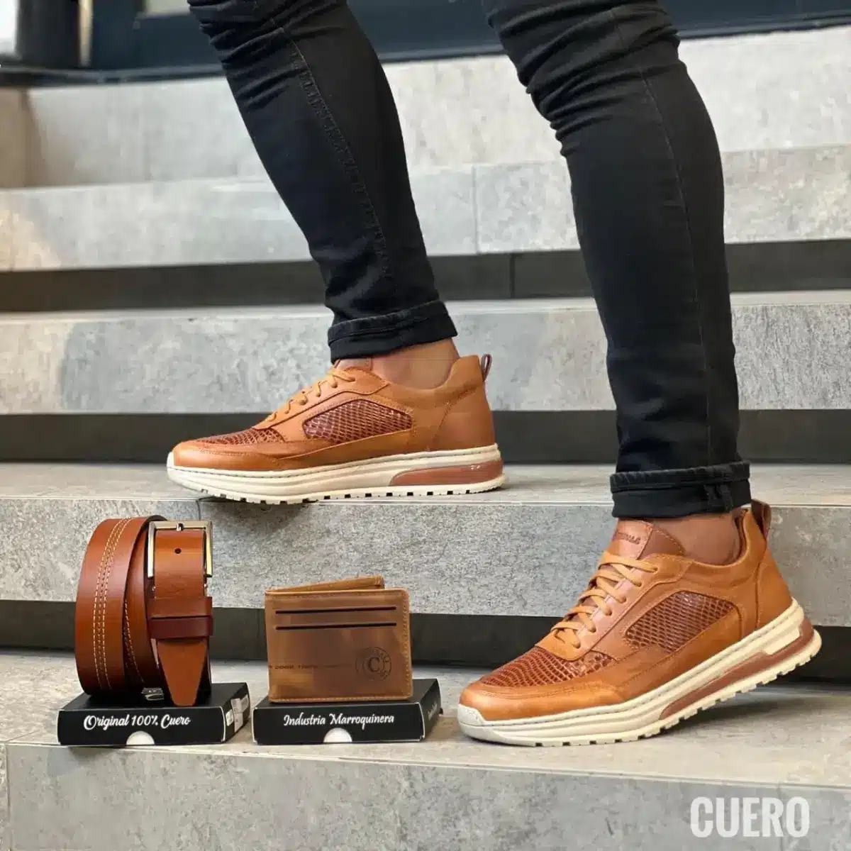 Set ejecutivo masculino en cuero con calzado deportivo, billetera y correa