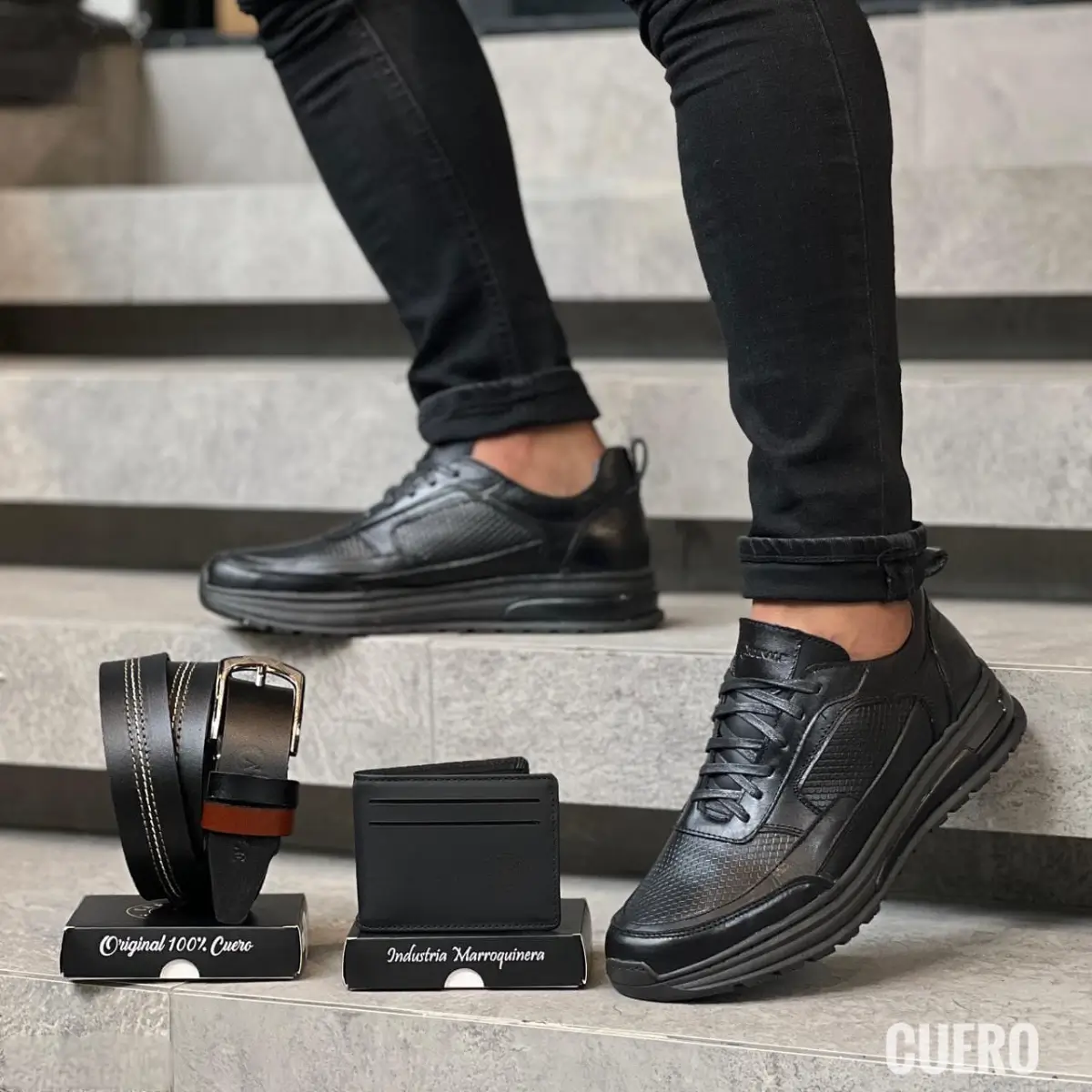 Set ejecutivo masculino en cuero con calzado deportivo, billetera y correa