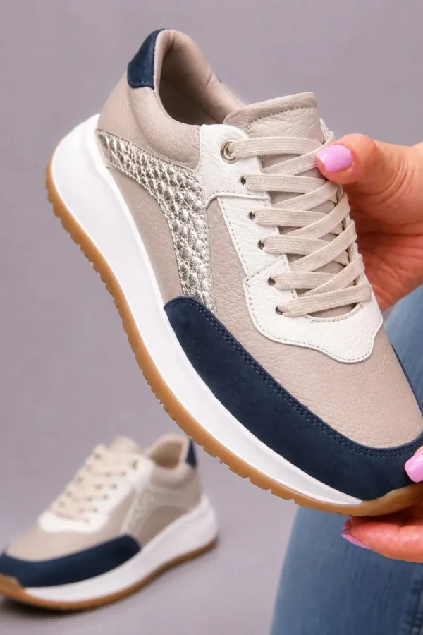 tenis de cuero premium mujer con panel metalizado gamuza suela bicolor antideslizante hecho en Colombia
