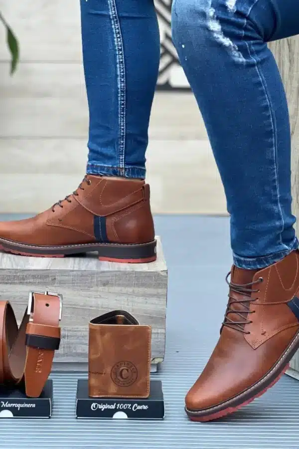 set cuero hombre botines billetera correa en color miel elaborado en piel genuina hecho en Colombia