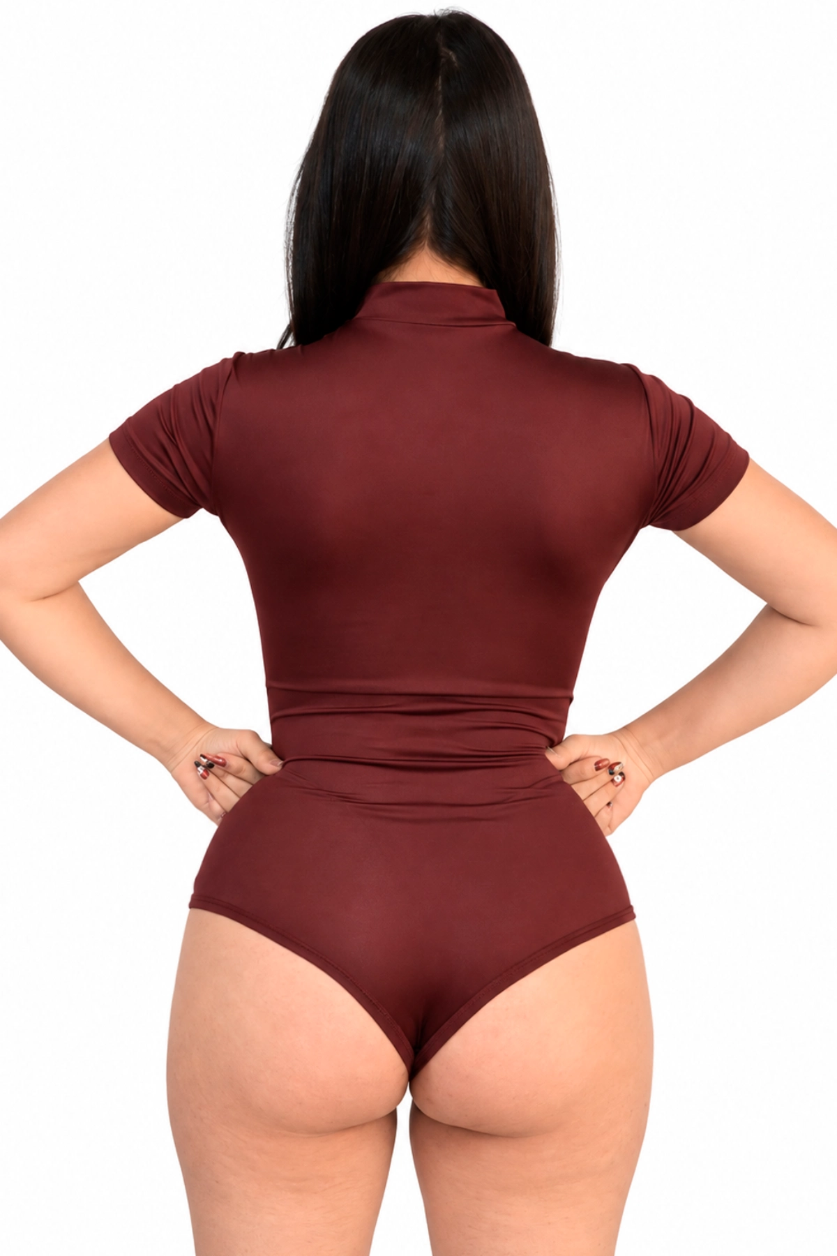 body cuello alto corte ovalado mujer en tono vinotinto de manga corta hecho en Colombia en tumodacreativa.com
