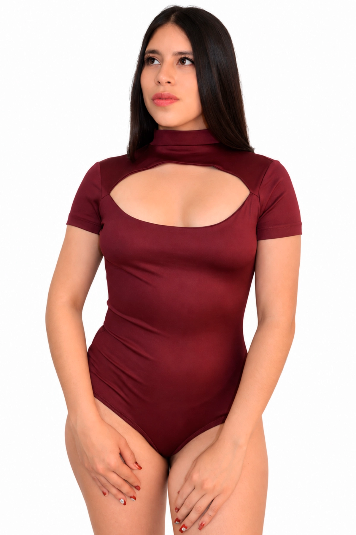body cuello alto corte ovalado mujer en tono vinotinto de manga corta hecho en Colombia en tumodacreativa.com